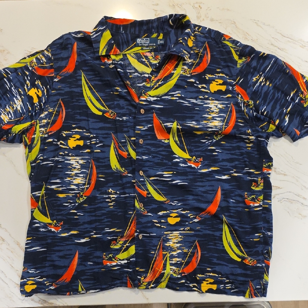 Polo By Ralph Lauren Navy and Yellow Sailboat Shirt XXL